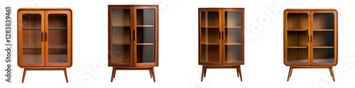 Retro mid century modern style wood and glass display cabinet with shelves and drawers  Vintage inspired furniture piece for living room storage home decor and showcasing personal items