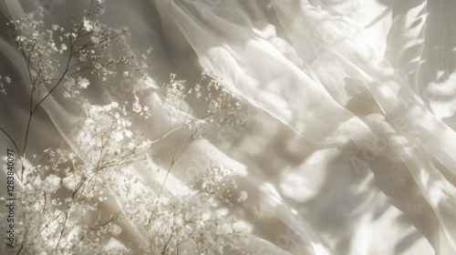 Soft white fabric with delicate flowers creating dreamy atmosphere