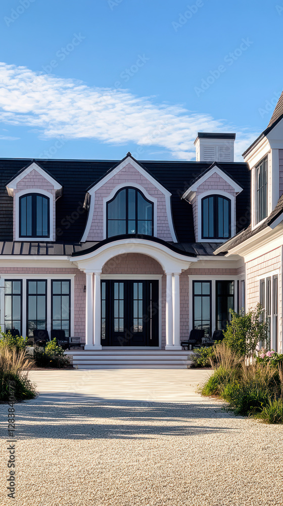 Luxurious pink shingle style house with elegant architecture and large windows. entrance features grand porch and landscaped surroundings, perfect for relaxation Luxurious pink shingle style house with elegant architecture and large windows. entrance features grand porch and landscaped surroundings, perfect for relaxation