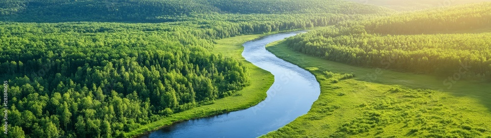 Serene Aerial View of River Flowing Through Lush Green Landscape