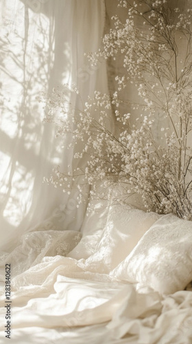 serene boho wedding scene with soft textiles and delicate flowers