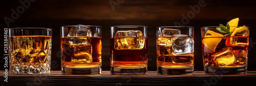 Five Exquisite Whiskey Cocktails: A Collection of Brown Spirits, Ice Cubes, and Garnishes in Elegant Glasses on a Wooden Table
