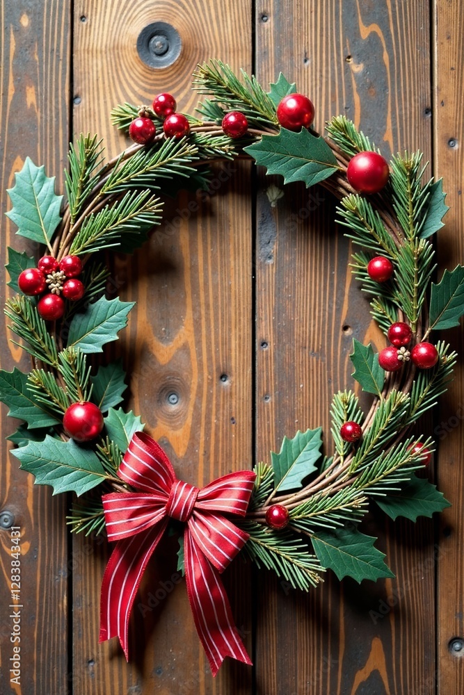Ink-drawn Christmas wreath on wooden background, christmas, ink drawing Ink-drawn Christmas wreath on wooden background, christmas, ink drawing