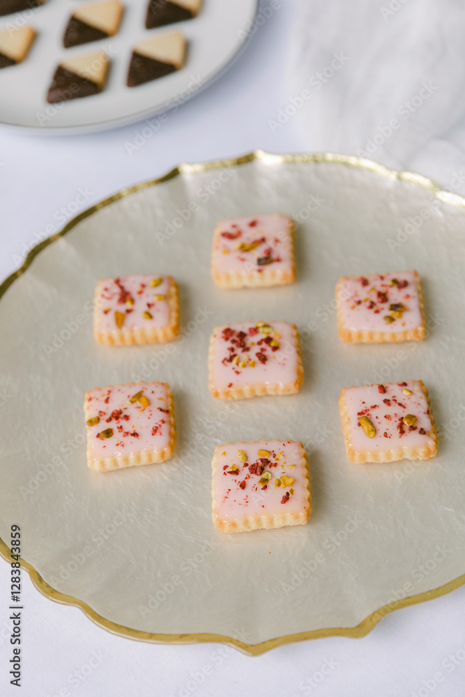 Sweet treats on a golden tray featuring colorful pastries at a festive gathering Sweet treats on a golden tray featuring colorful pastries at a festive gathering
