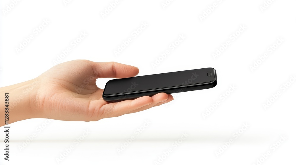 Hand Reaching Out to Offer a Black Mobile Phone on White Background Hand Reaching Out to Offer a Black Mobile Phone on White Background