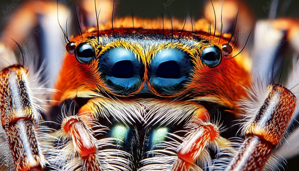 Detailed macro of a jumping spider’s eyes, showing their deep, reflective colors and fine hairs. Detailed macro of a jumping spider’s eyes, showing their deep, reflective colors and fine hairs.