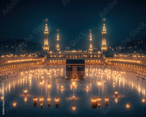 Night View of Masjid Al Haram in Mecca Saudi Arabia with Worshippers and Illuminated Lights