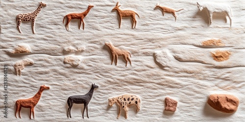 Ancient paintings depicting various animals including giraffes, deer, and more on textured surface showcasing prehistoric art, cultural heritage concept photo