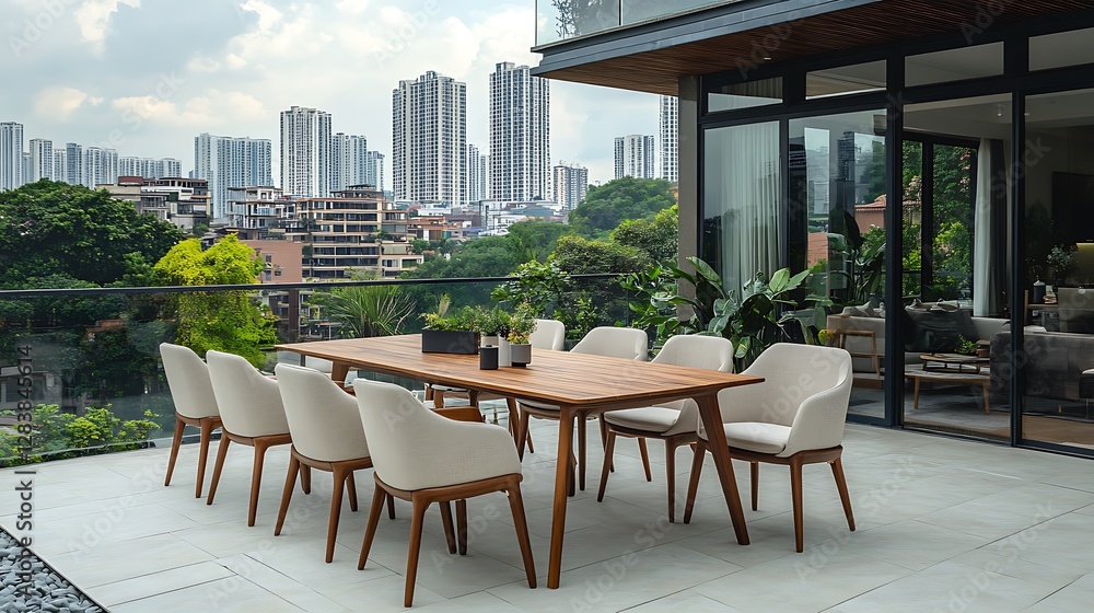 Obraz premium An extendable teak dining table with slim tapered legs, paired with comfortable fabric-cushioned chairs, placed on a rooftop terrace with glass railings and city skyline views,
