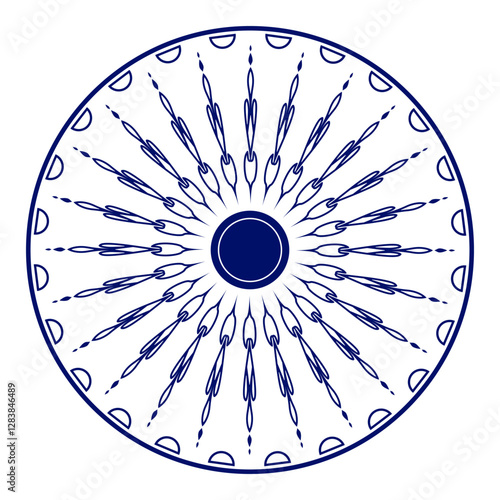 Wheel icon isolated over white background.Wheel with spokes vector icon.Modern ashok chakra graphic element icon isolated over white background.Chakra wheel with twenty four spokes.
