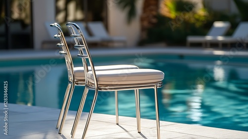 Contemporary stacking patio chairs with brushed aluminum finishes and cushioned seats, stacked neatly by a poolside lounge with a pristine blue pool and clean geometric lines,