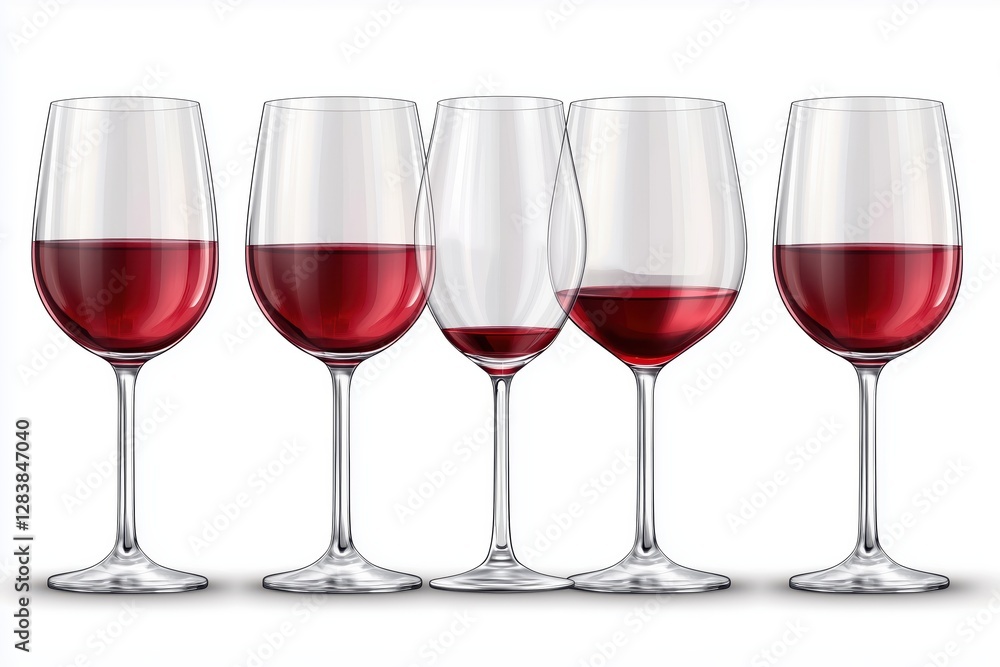 Five glasses of red wine, a visual symphony of rich color and subtle nuances, capturing the essence of a refined drinking experience. Five glasses of red wine, a visual symphony of rich color and subtle nuances, capturing the essence of a refined drinking experience.
