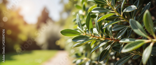 Maundy Thursday close-up of olive branches in Gethsemane garden, showcasing lush leaves with soft morning light