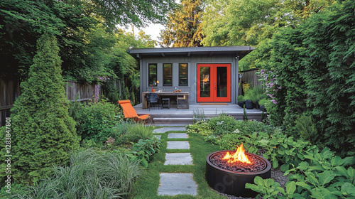 A small modern backyard garden with an outdoor seating area, cozy cabin-style home office, gray walls, red doors, surrounded by lush greenery, stone walkway, wooden deck terrace, and a fire pit with f