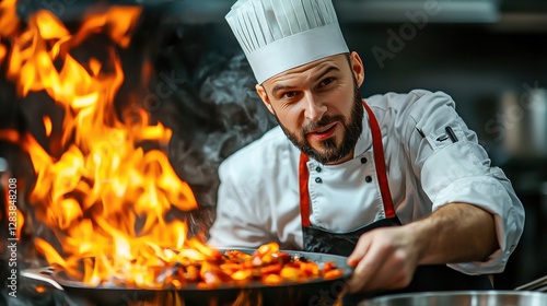Chef Cooks with Flames in a Fire Pot Deep Fryer