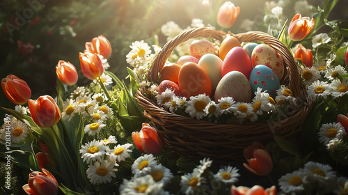 wicker basket of colorful Easter eggs surrounded by flowers