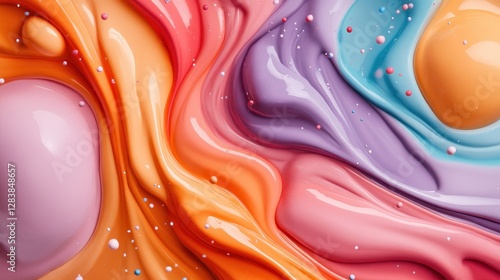 Vibrant paint splashes in swirling patterns showcasing a blend of colors including orange, pink, purple, and blue creating an artistic expression concept