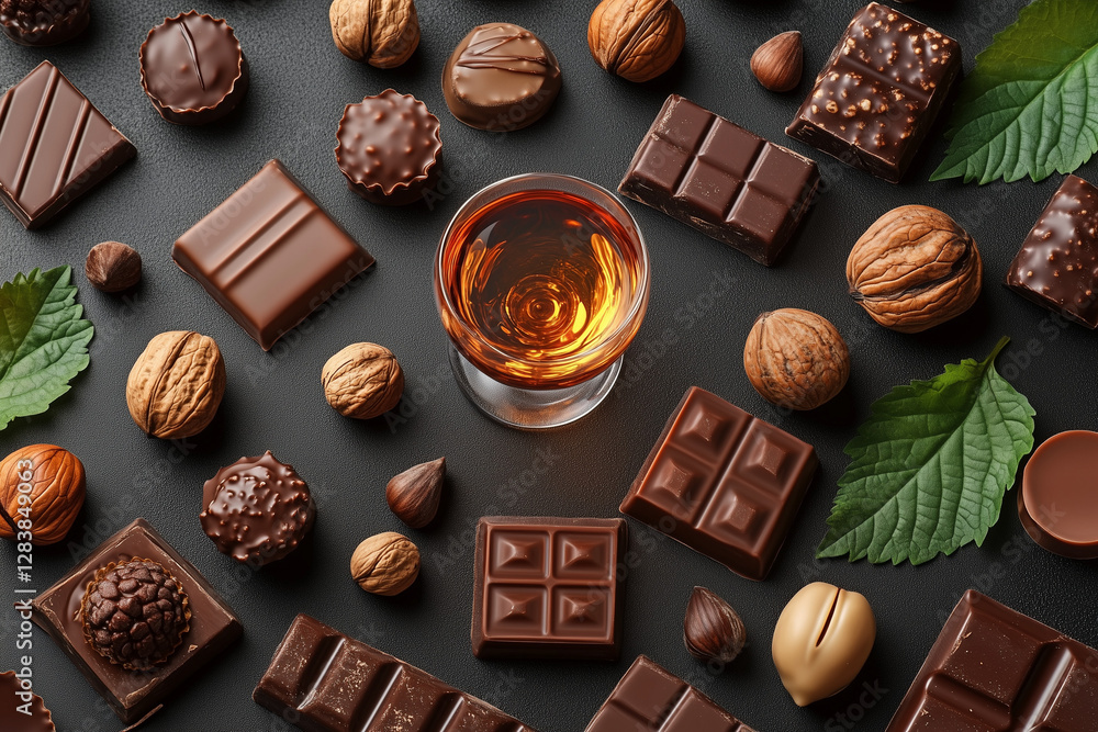 A delectable arrangement of assorted chocolates, walnuts, and hazelnuts, complemented by a glass of cognac. Indulge in this symphony of rich flavors and textures. A delectable arrangement of assorted chocolates, walnuts, and hazelnuts, complemented by a glass of cognac. Indulge in this symphony of rich flavors and textures.