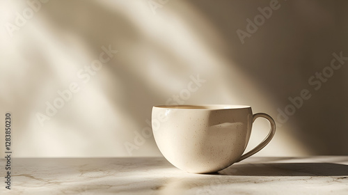 Elegant stoneware mug basking in gentle sunlight, simple yet refined, set against a neutral background. photo