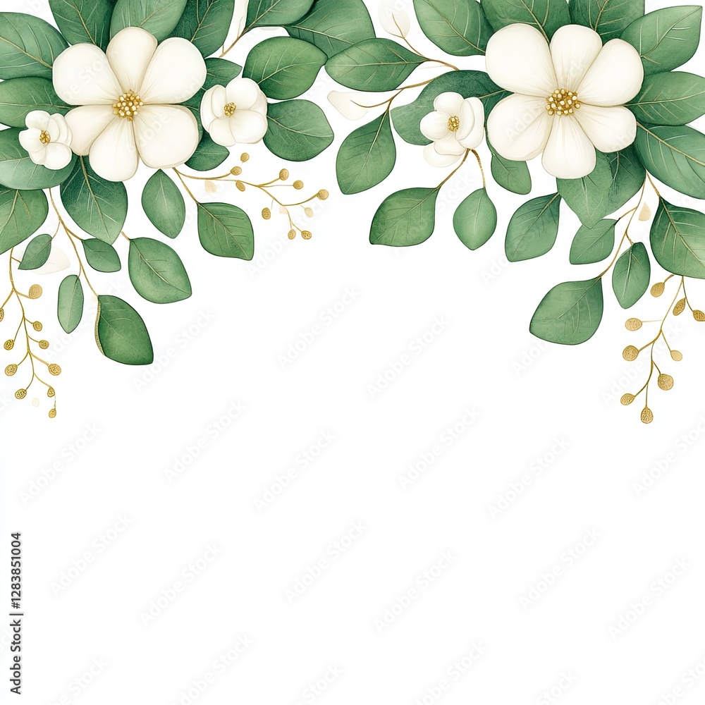 Obraz premium A beautiful arrangement of white flowers and green leaves, perfect for invitations and floral designs.