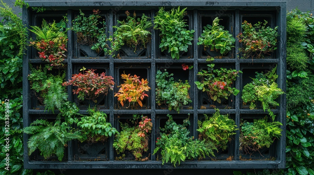 Wall mounted planter box with various plants Wall mounted planter box with various plants