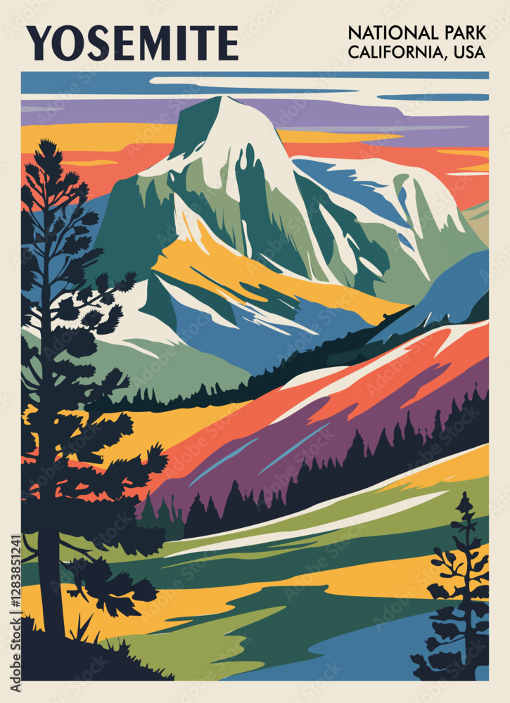 Φωτογραφία Yosemite National Park, USA, California travel poster in retro mid century modern style