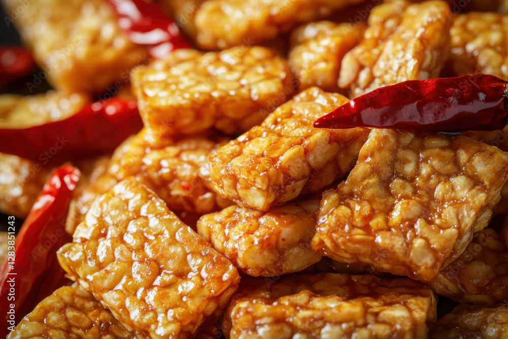 Golden crispy tempeh with soy sauce and chili peppers in close-up Golden crispy tempeh with soy sauce and chili peppers in close-up