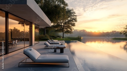 Ultra-modern aluminum chaise lounges with adjustable backrests and integrated side tables  placed on a terrace overlooking a serene lake  warm sunrise light casting long shadows 