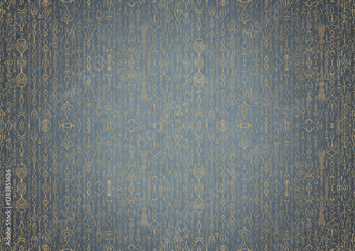 Wallpaper Mural Hand-drawn unique abstract gold ornament on a light blue background, with vignette of darker background color and golden glittery sparks. Paper texture. Digital artwork, A4. (pattern: p14b) Torontodigital.ca