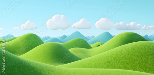 Cartoon landscape with green hills and white clouds