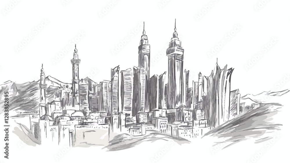Sketch of Mecca's Skyline and Mountain Landscape .eps Sketch of Mecca's Skyline and Mountain Landscape .eps