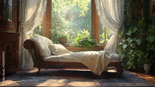 A charming Victorian-style lounge with an antique chaise longue and intricate rugs, placed near a large bay window adorned with delicate curtains, overlooking a lush garden,