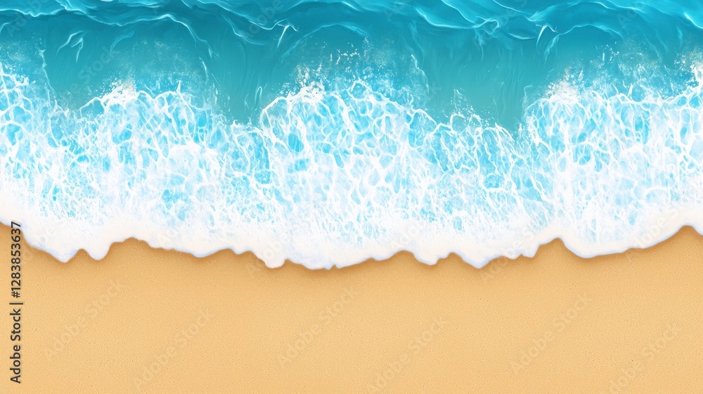 Overhead View of Turquoise Ocean Waves Crashing on Sandy Beach Overhead View of Turquoise Ocean Waves Crashing on Sandy Beach