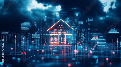 Digital Home: A futuristic digital representation of a house, with glowing lines and data streams, is set against a cloudy sky. symbolizing connectivity and innovation.