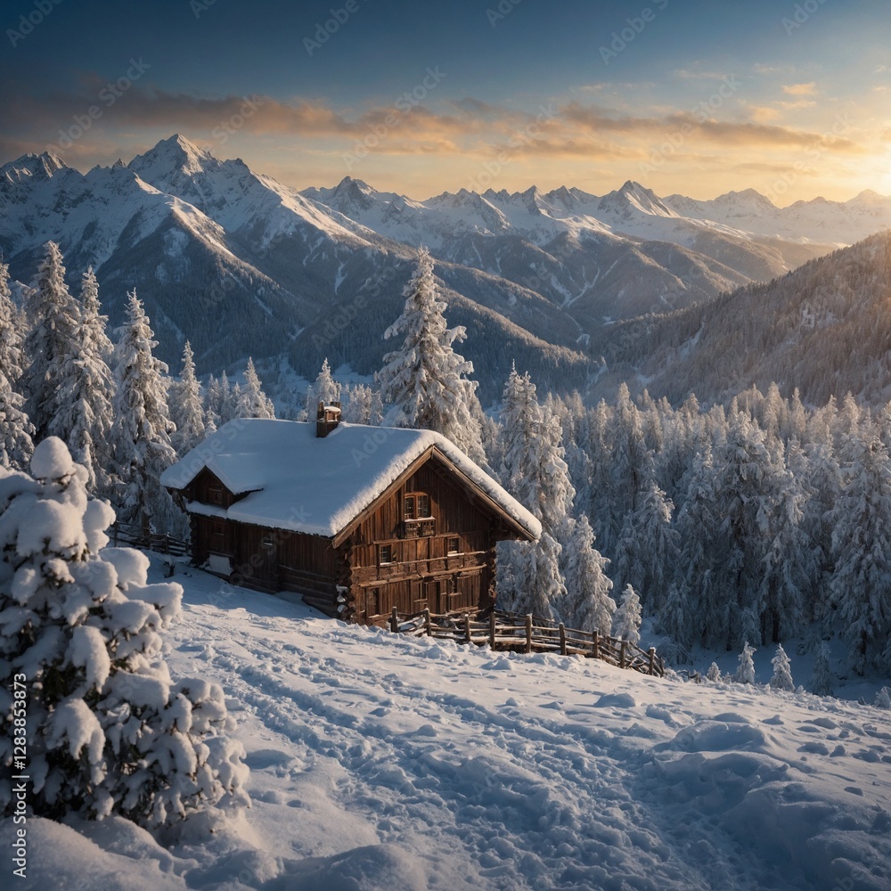 The beautiful Alaçam Mountains covered in snow. Picturesque house on the background of the Carpathiansmountain hut in the mountains The beautiful Alaçam Mountains covered in snow. Picturesque house on the background of the Carpathiansmountain hut in the mountains