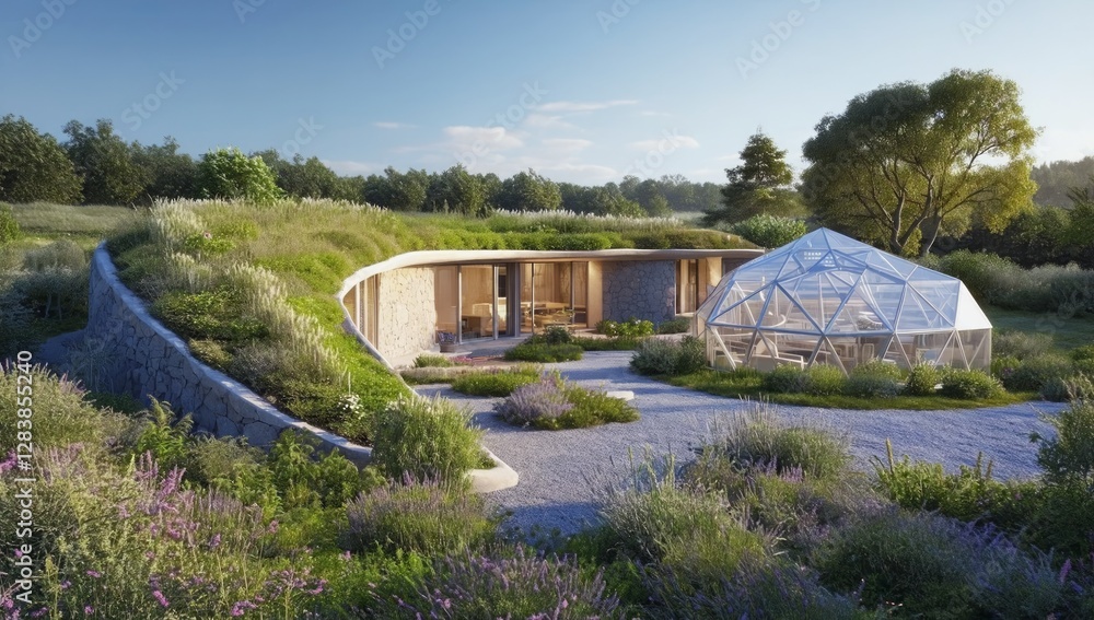 Modern Eco-Friendly Home with Greenhouse, Rural Landscape Modern Eco-Friendly Home with Greenhouse, Rural Landscape