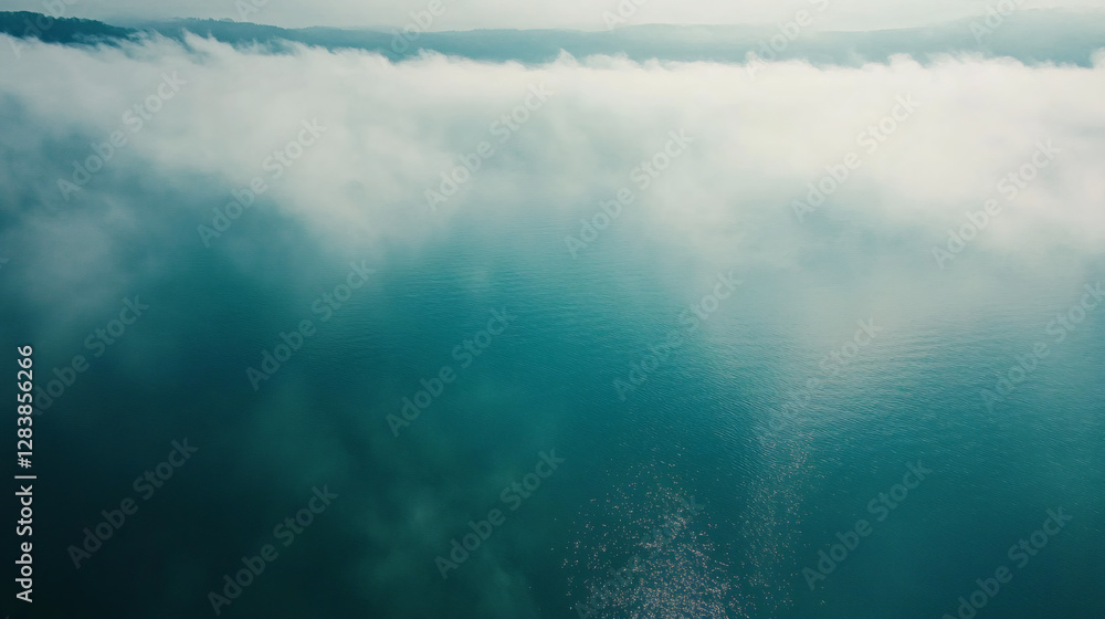 Aerial perspective revealing misty clouds drifting above tranquil turquoise waters, embodying oceanic serenity Aerial perspective revealing misty clouds drifting above tranquil turquoise waters, embodying oceanic serenity