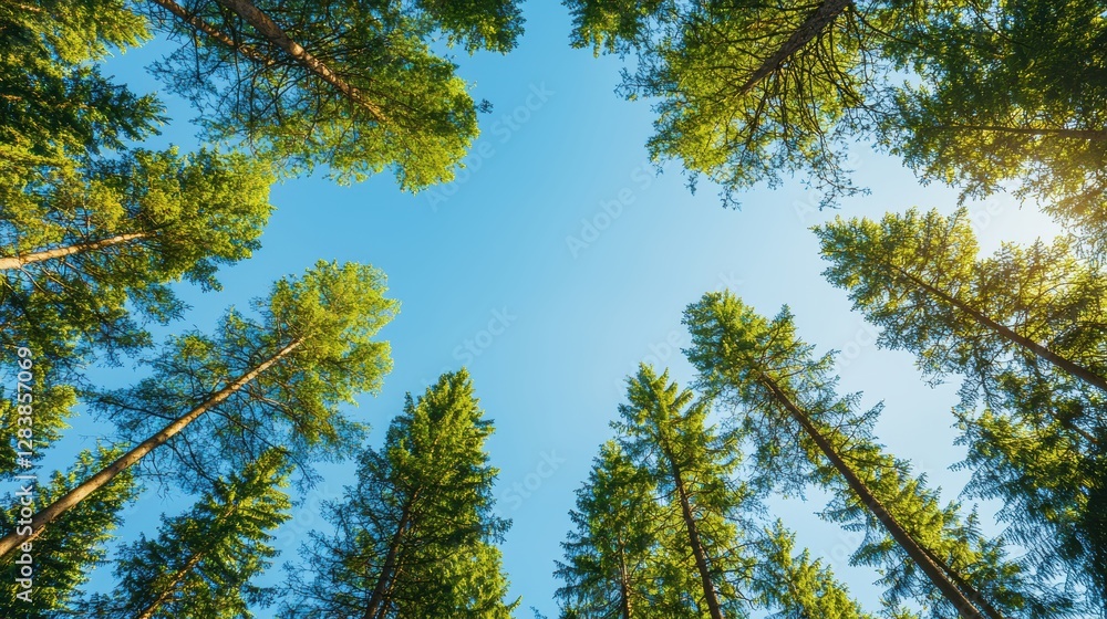 Obraz premium A serene view of tall trees reaching towards a clear blue sky, creating a peaceful and natural atmosphere.