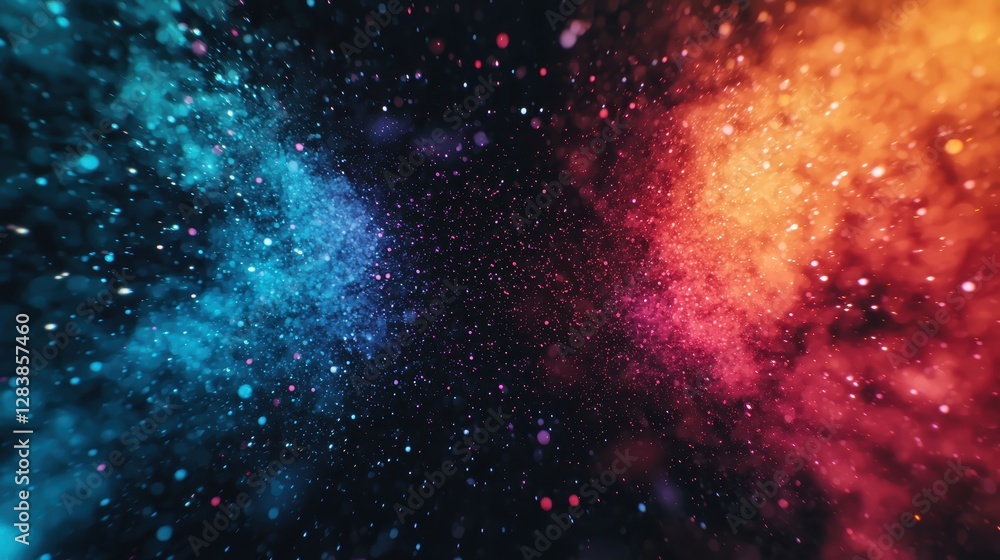 Fototapeta premium A vibrant cosmic scene with swirling clouds of blue and orange particles set against a dark background, evoking a sense of depth and mystery.