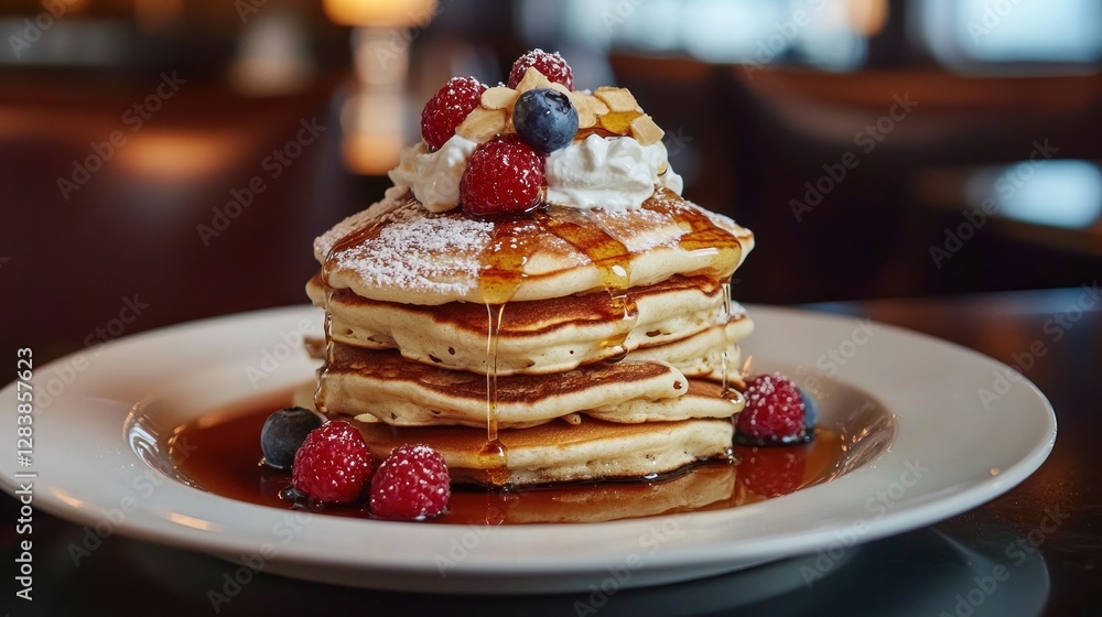 Delicious Stack of Buttery Pancakes Topped with Berries and Whipped Cream Delicious Stack of Buttery Pancakes Topped with Berries and Whipped Cream