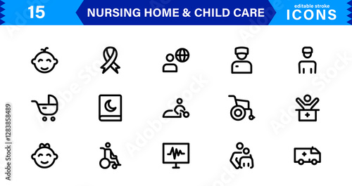 Nursing and Child Care Icon Set. Professional Vector Icons for Healthcare, Pediatrics, and Baby Care Designs