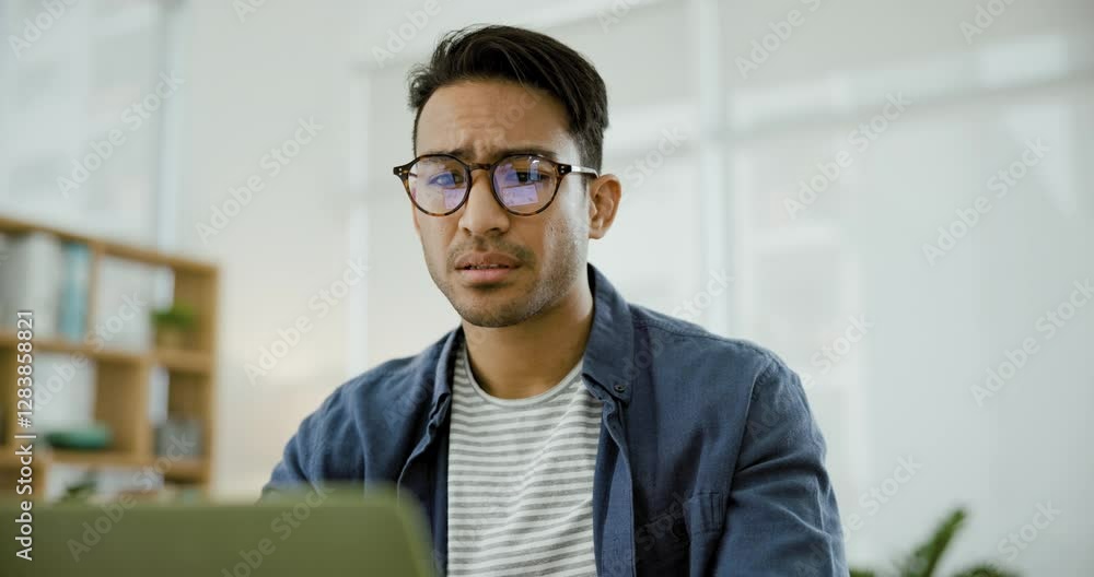 Business, stress and asian man with laptop in office with burnout, mistake or eye strain. Anxiety, face and male entrepreneur frustrated by glitch, 404 or report, tax or audit, fail or disaster Business, stress and asian man with laptop in office with burnout, mistake or eye strain. Anxiety, face and male entrepreneur frustrated by glitch, 404 or report, tax or audit, fail or disaster