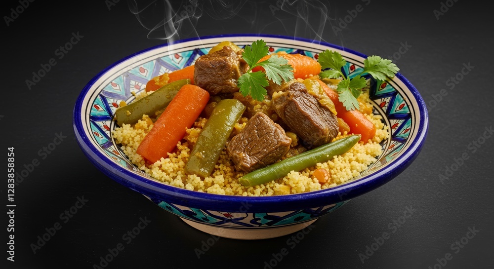 Moroccan lamb couscous with vegetables served in a decorative bowl Moroccan lamb couscous with vegetables served in a decorative bowl