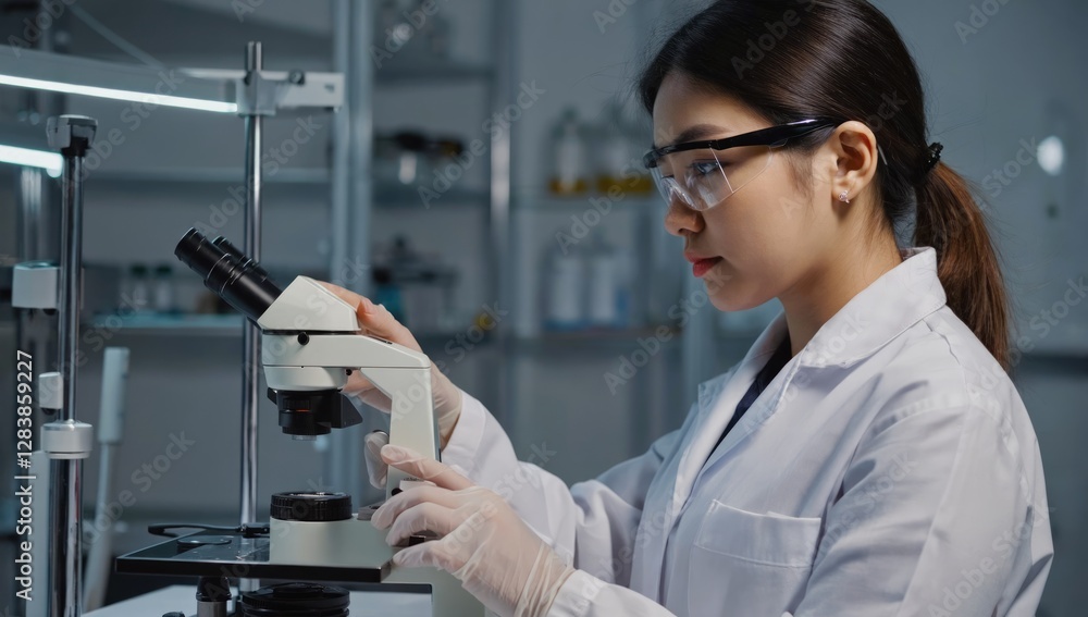Scientist using microscope in laboratory Scientist using microscope in laboratory