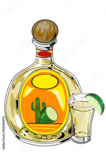 tequila bootle and tequila shoot digital illustration