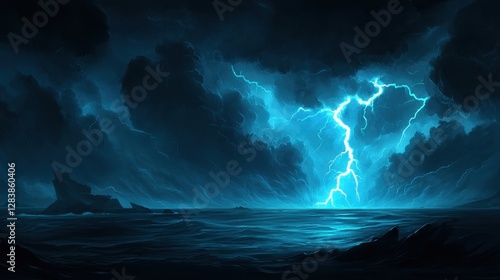 Dramatic Ocean Storm with Bright Lightning Striking Through Dark Clouds Over Turbulent Sea Surfaces and Rocky Horizons in a Night Sky Aesthetic