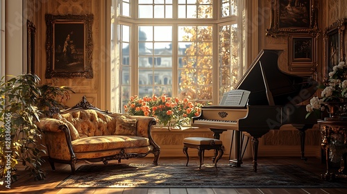 A luxurious vintage living room with an antique loveseat and a grand piano, near a bay window offering a view of a blooming courtyard, warm golden tones and intricate design details, photorealistic, photo