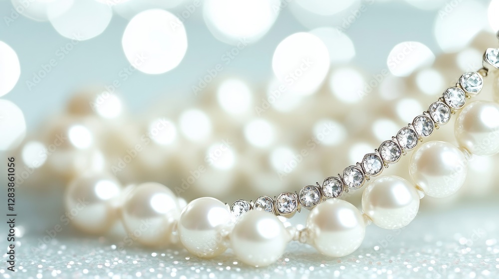 Elegant Pearl Necklace with Sparkling Diamonds on Soft Background Elegant Pearl Necklace with Sparkling Diamonds on Soft Background