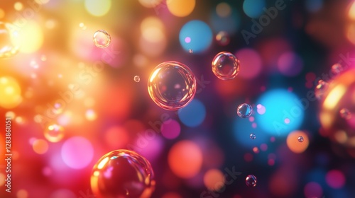 Bunte Seifenblasen schweben in leuchtendem Farbraum