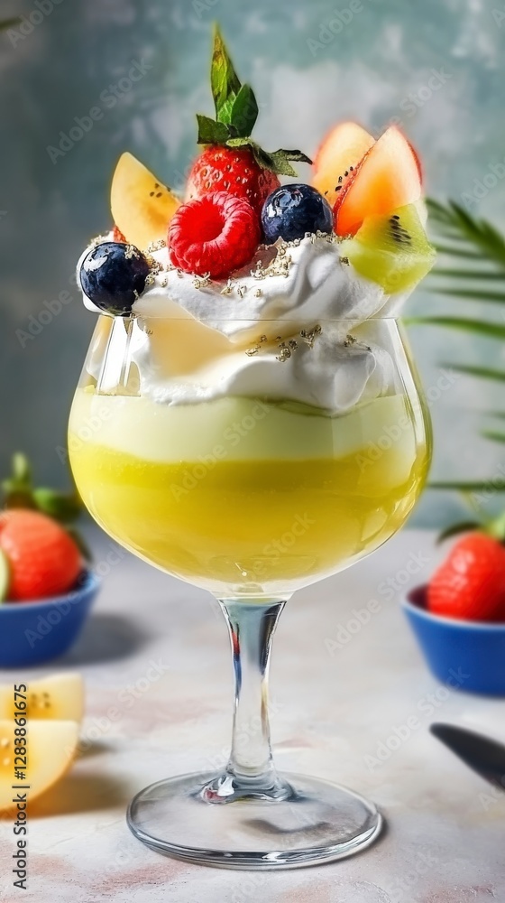 A Delectable Display of Layered Fruit Drinks with Whipped Cream and Gold Flakes A Delectable Display of Layered Fruit Drinks with Whipped Cream and Gold Flakes